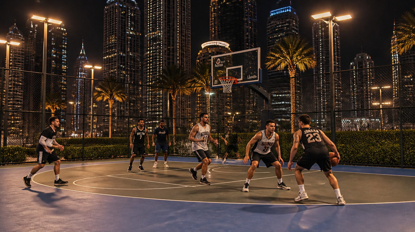 Basketball players competing on a lit outdoor court at night with the Dubai Marina skyline in the background
