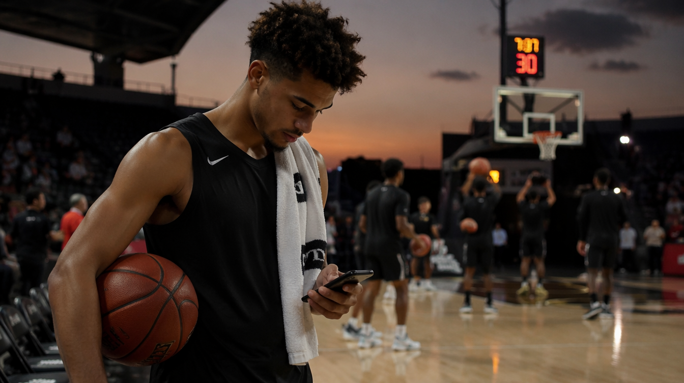 Basketball player courtside with a ball under his arm checking his phone at dusk