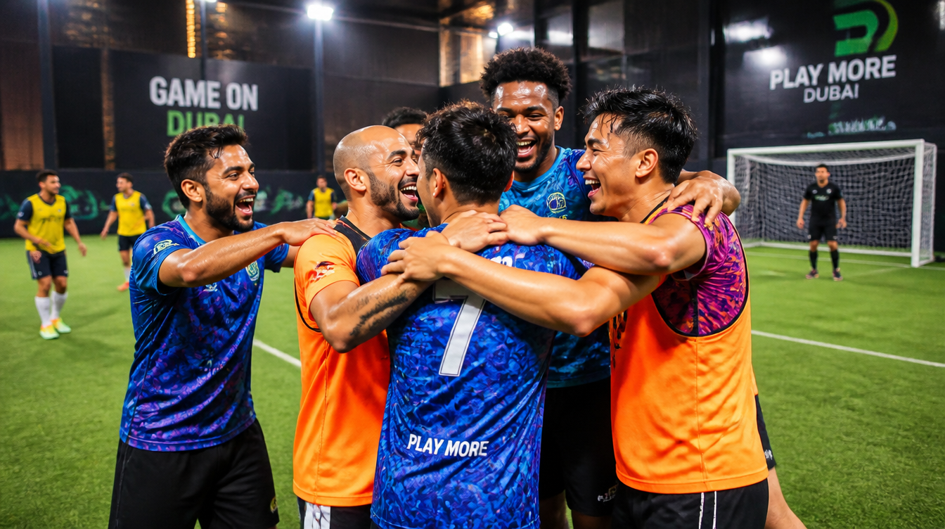 Group of football players celebrating a goal at an indoor pitch in Dubai