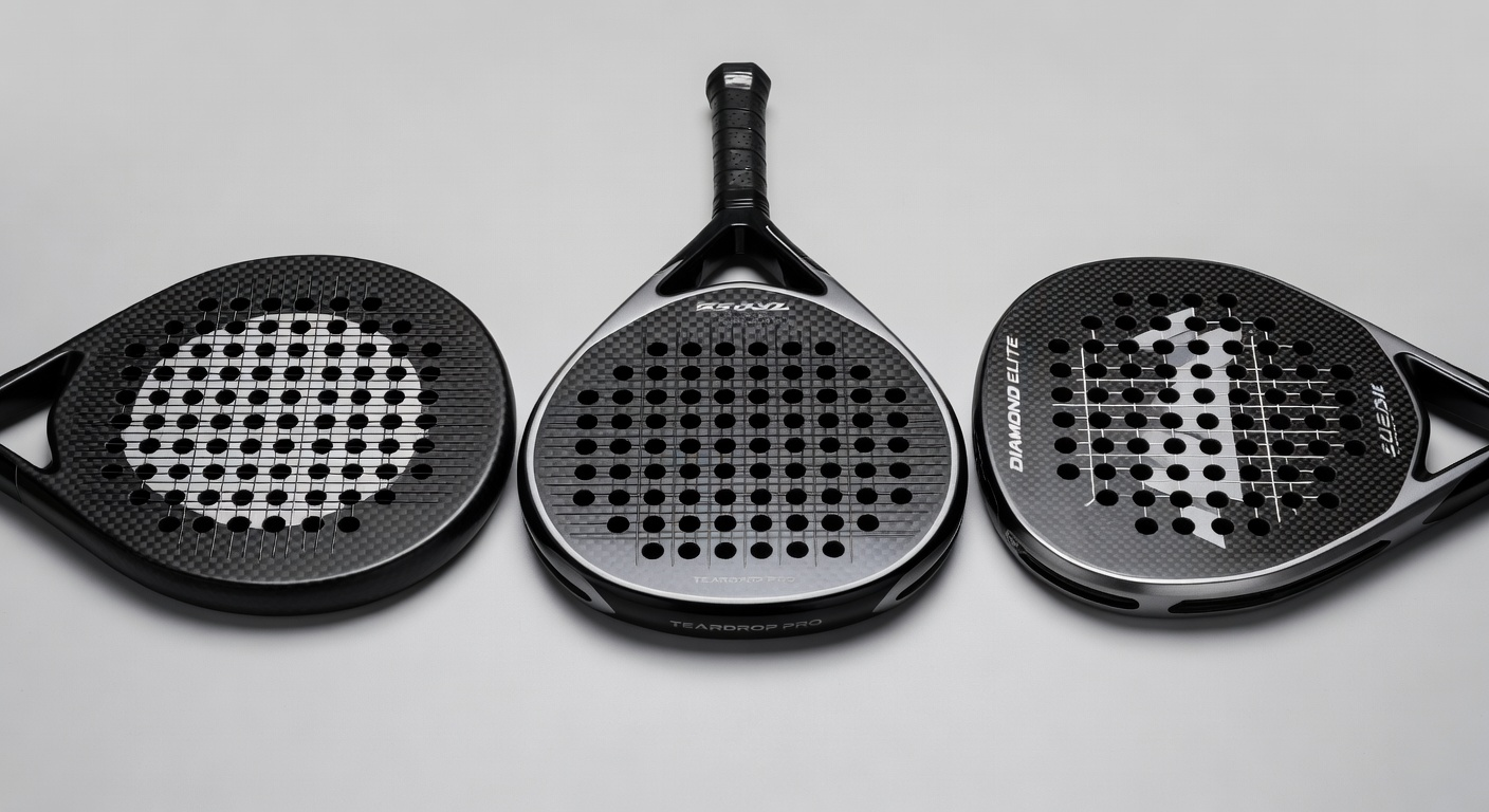 Round, teardrop and diamond padel racket shapes compared side by side