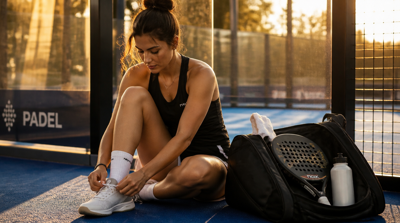 Padel player lacing up court shoes beside her racket bag at sunset in Dubai
