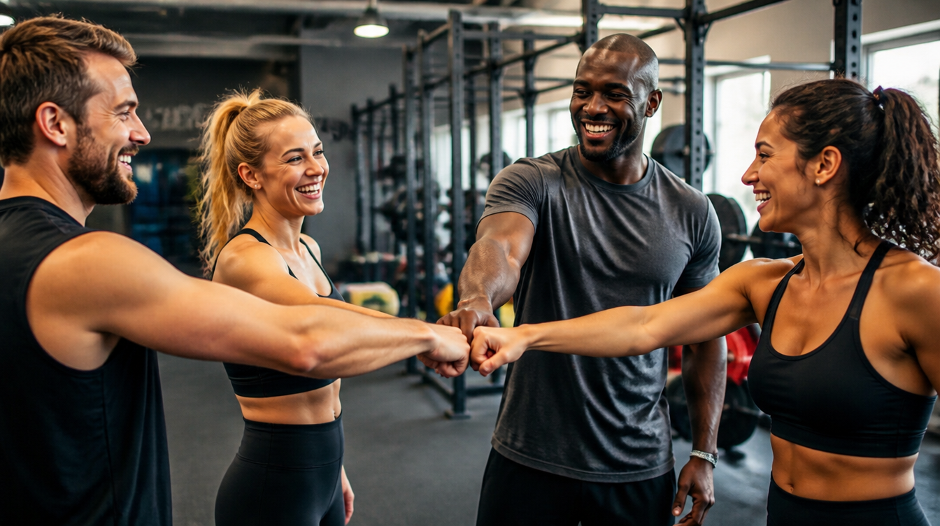 Four gym-goers fist bumping together in a Dubai gym after a workout