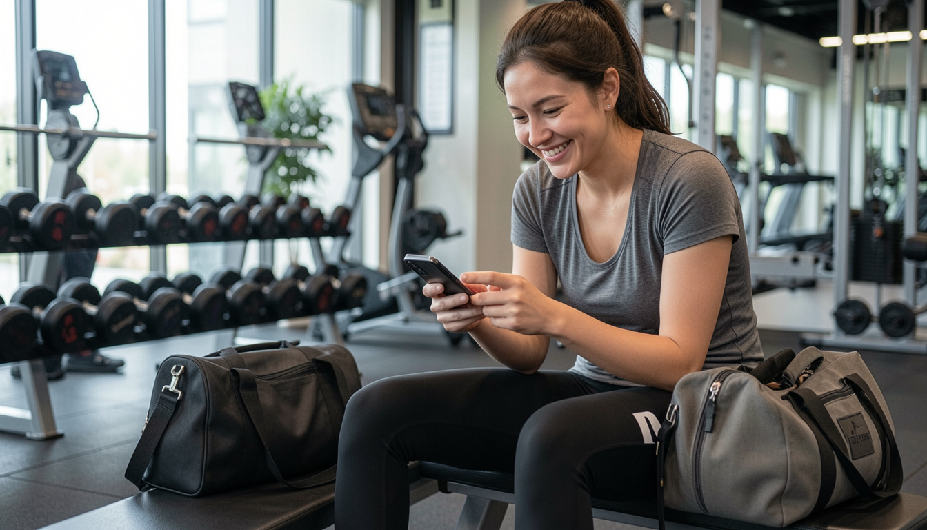 Woman smiling at her phone in a Dubai gym next to her gym bag