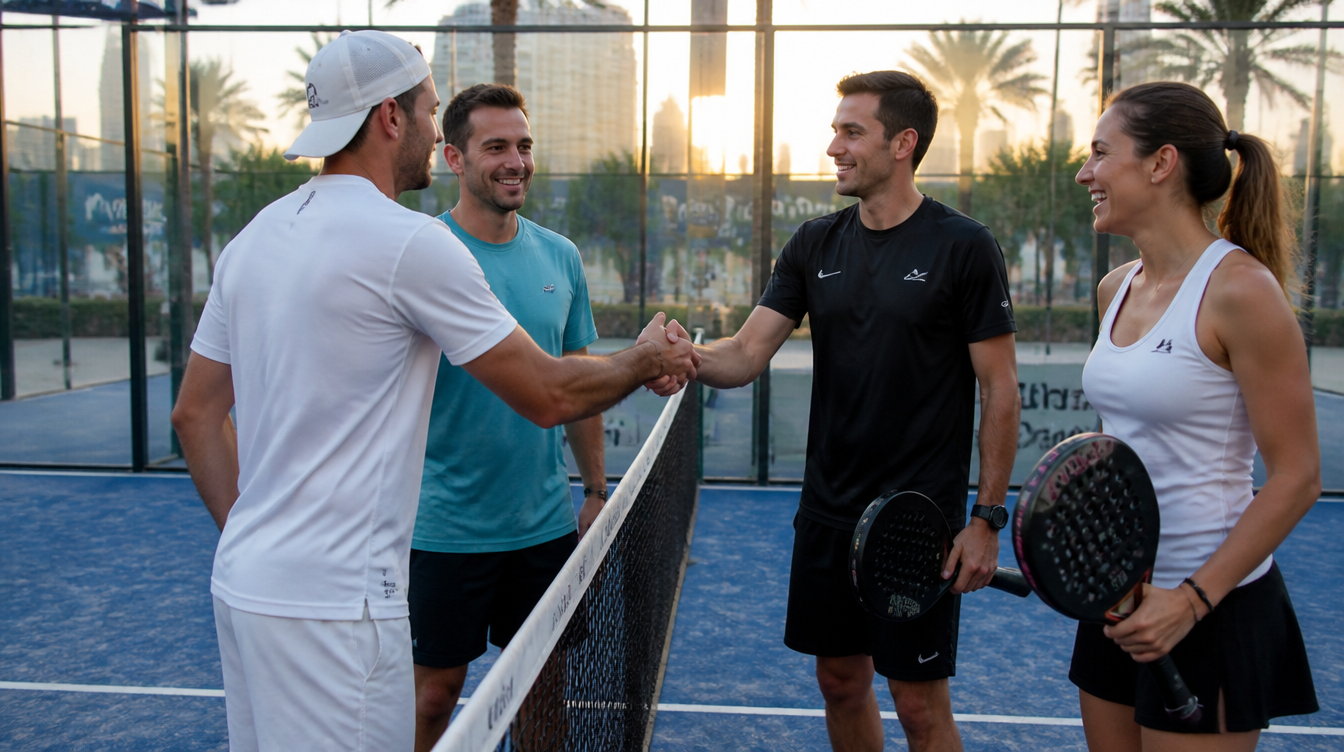 Four padel players shaking hands across the net on a blue padel court in Dubai at sunset