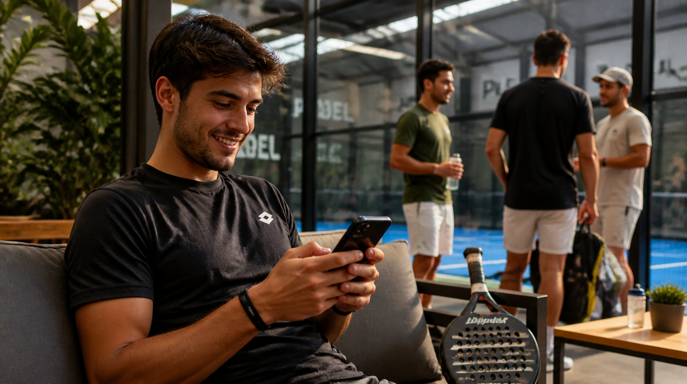 Young man smiling at his phone in a Dubai padel club lounge with players in the background