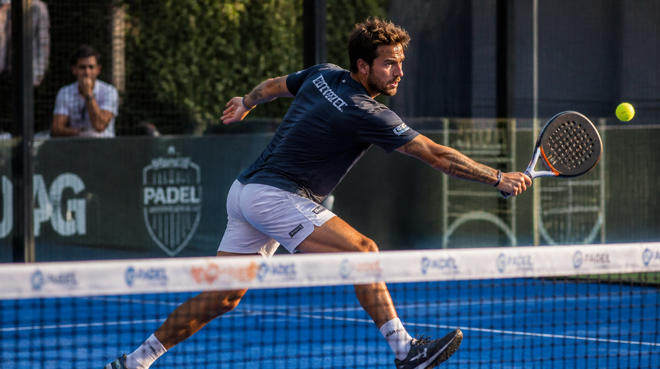 Padel player stretching wide at the net to play an angled volley on an outdoor court