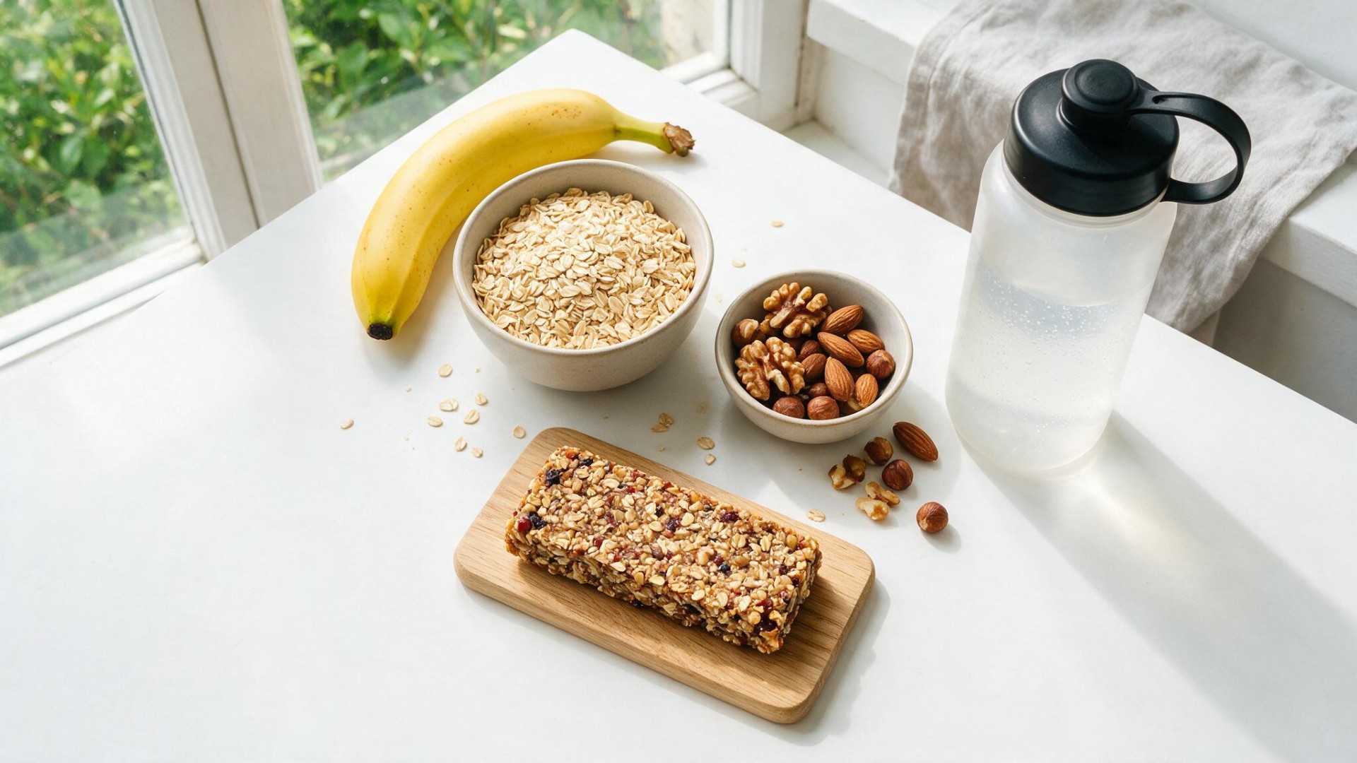 Pre-workout snacks — banana, oats, nuts, energy bar and water bottle on a bright kitchen counter