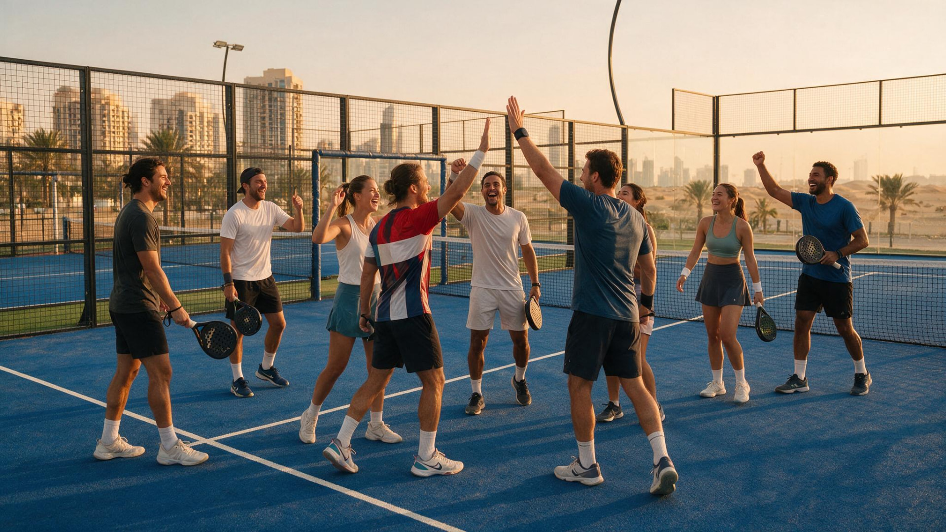 Group of padel players high-fiving and celebrating together on a Dubai court at golden hour