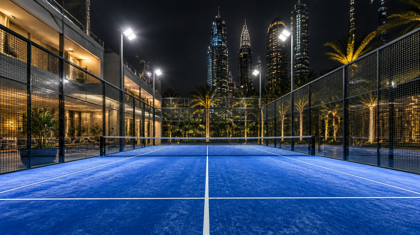 Floodlit blue padel court at night beside a residential development with the Dubai skyline behind