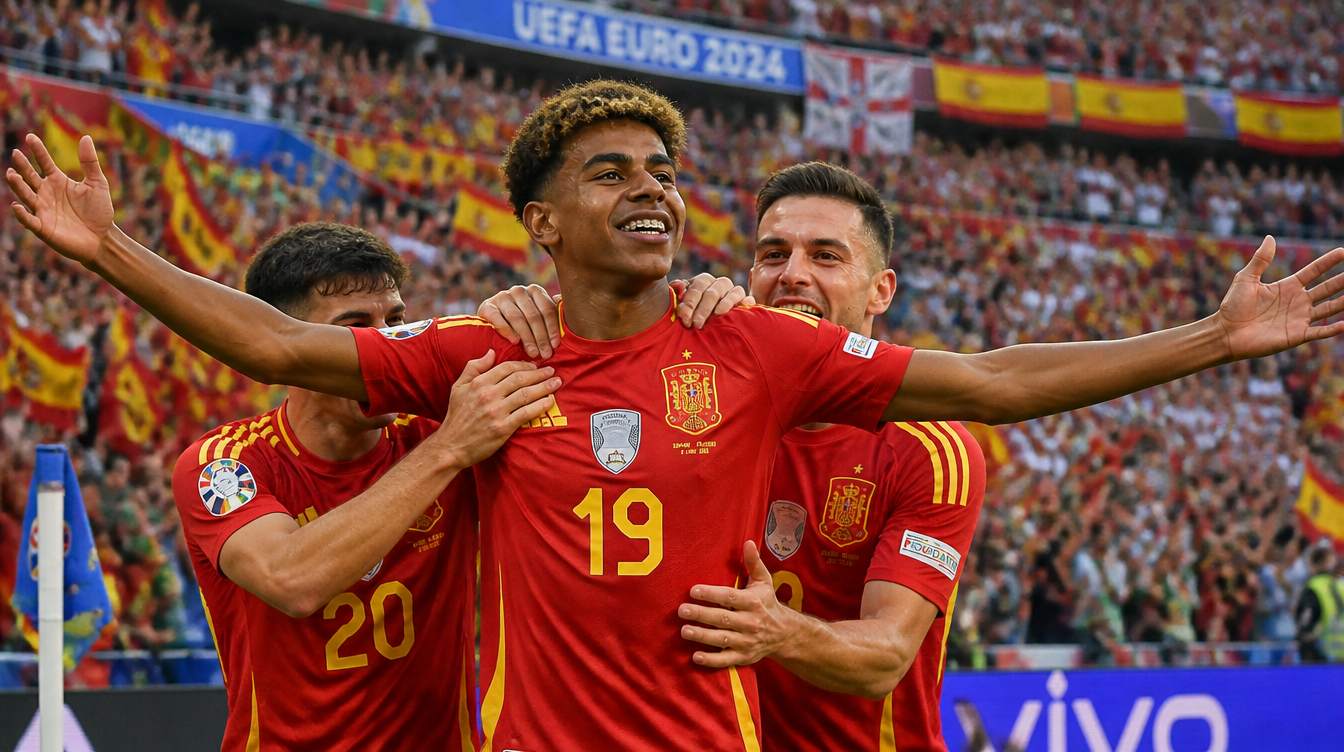 Young football stars celebrating a goal in front of a packed stadium of waving flags