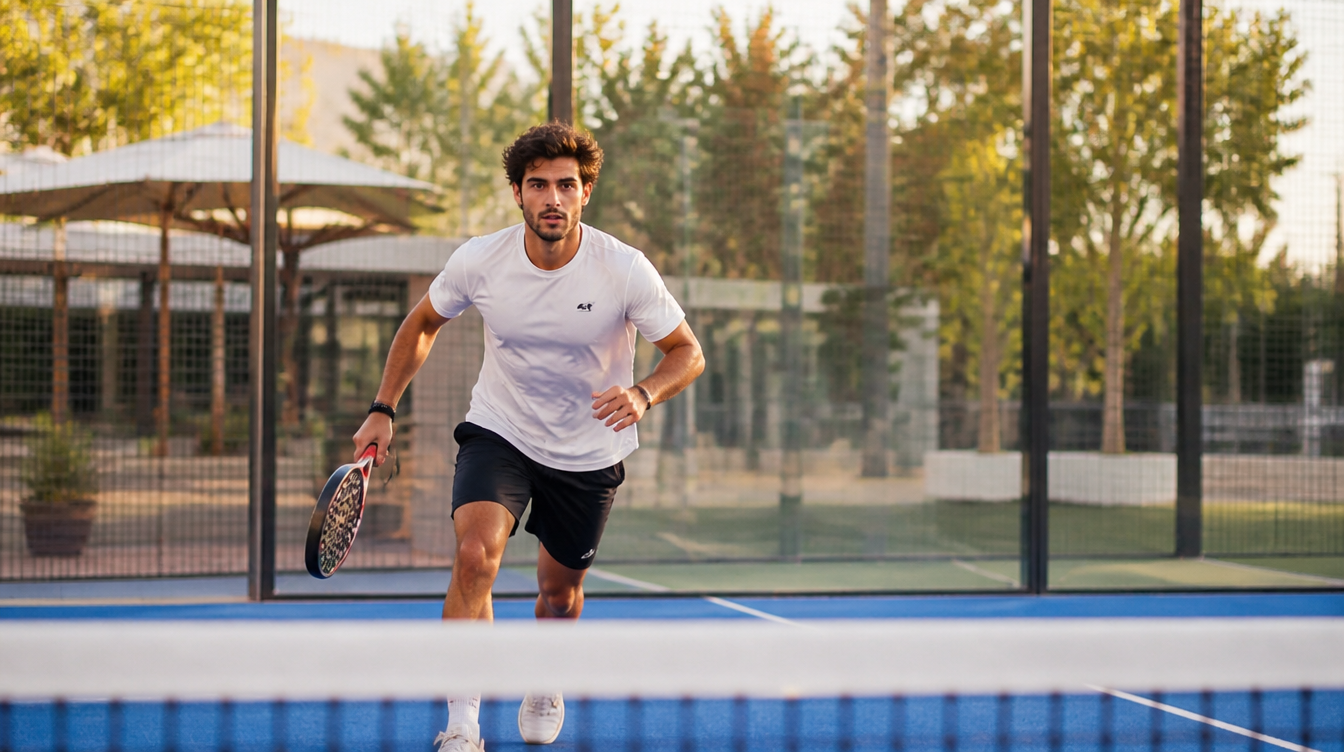 Padel player moving forward on court after serving