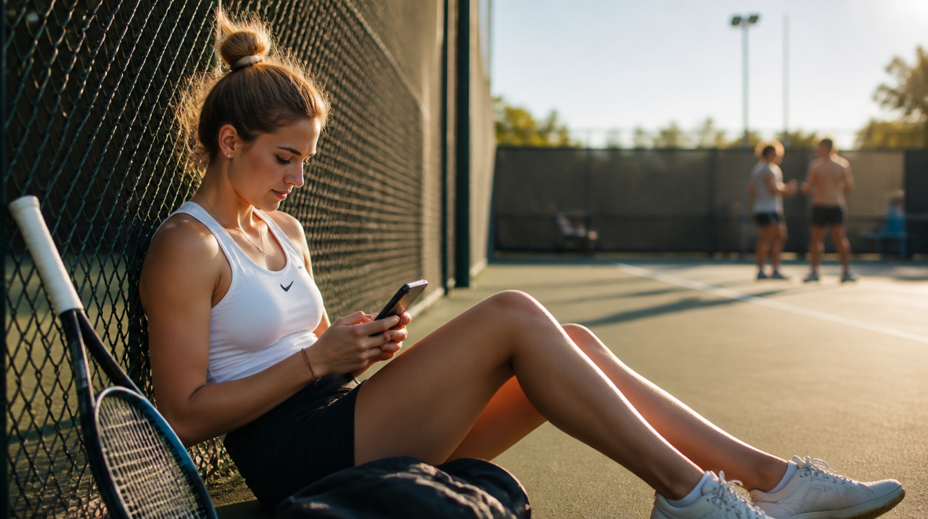 Female tennis player sitting courtside looking at her phone with other players in the background on a Dubai tennis court